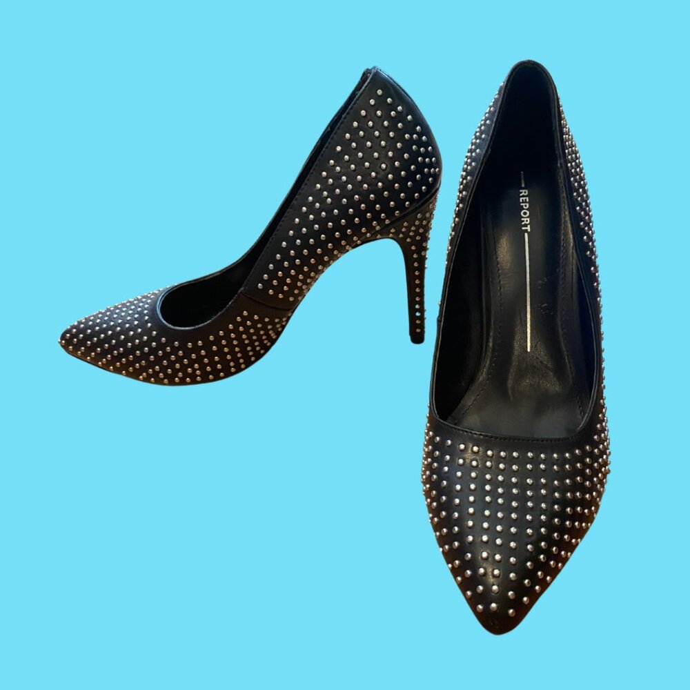 Report Black (Vegan) Leather Studded Heals, Size 10